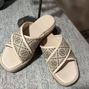 Tory Burch Tan Patterned Slide Sandals